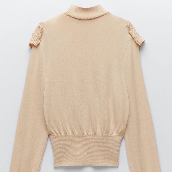 NEW Zara Long Sleeve Ruffled Knit Sweater Cream - Picture 7 of 11